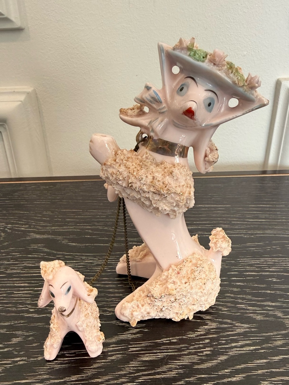 as is 1950’s Pink Ceramic Spaghetti Poodle with Small Poodle